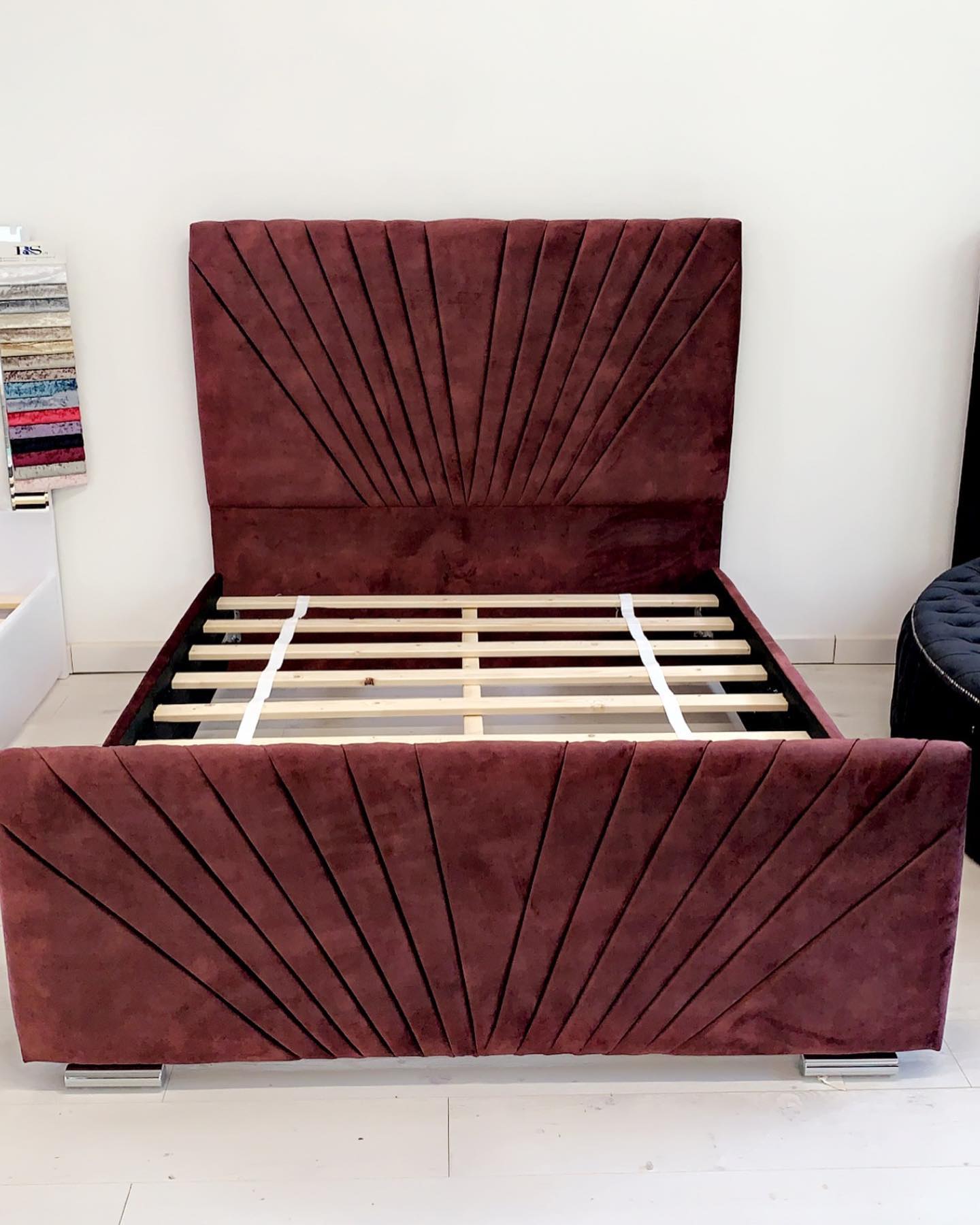 Contemporary Velvet Bed Frame with Radiating Stitch Detail – Premium Burgundy Finish