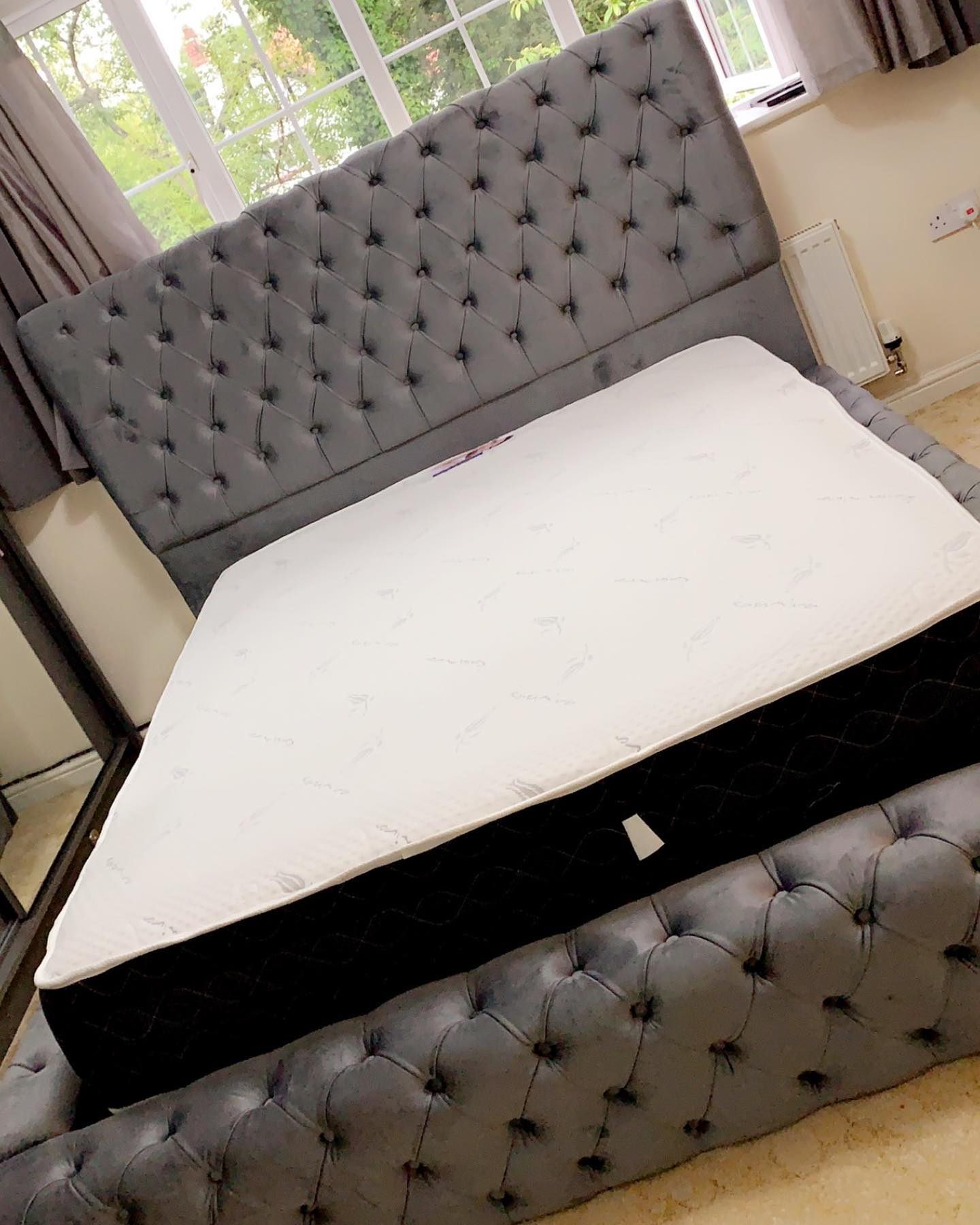 Paris Blue Velvet Queen Storage Platform Bed / New