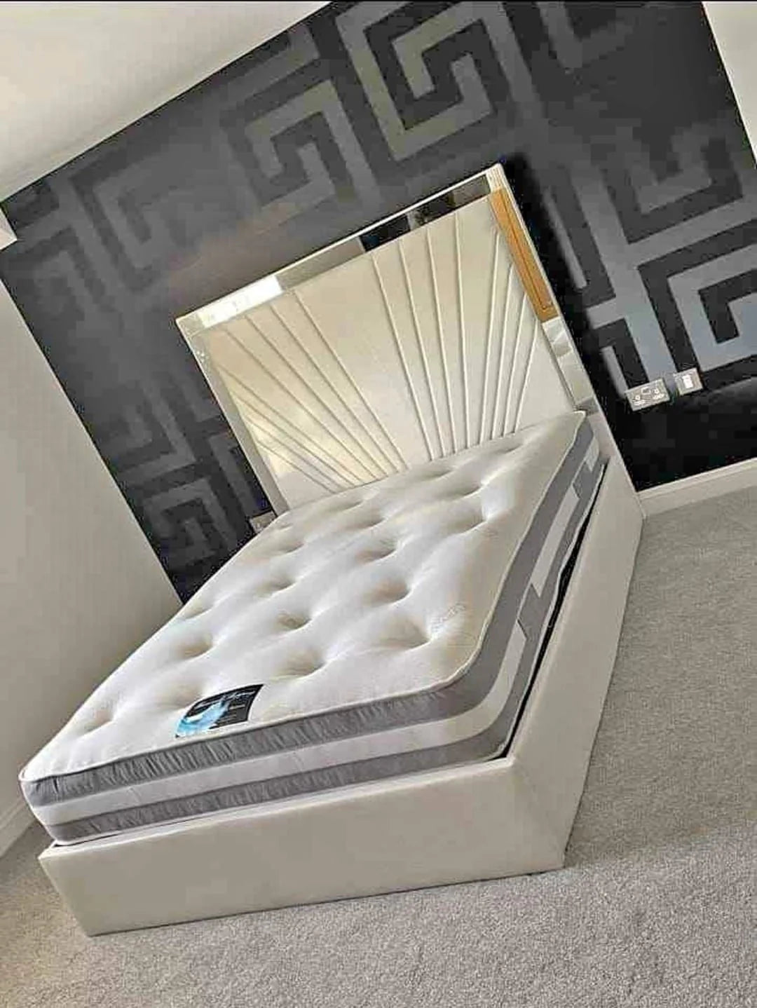 Luxury Bed Frame with Fan-Stitched Headboard & Mirror Panels – Elegant Light Upholstery