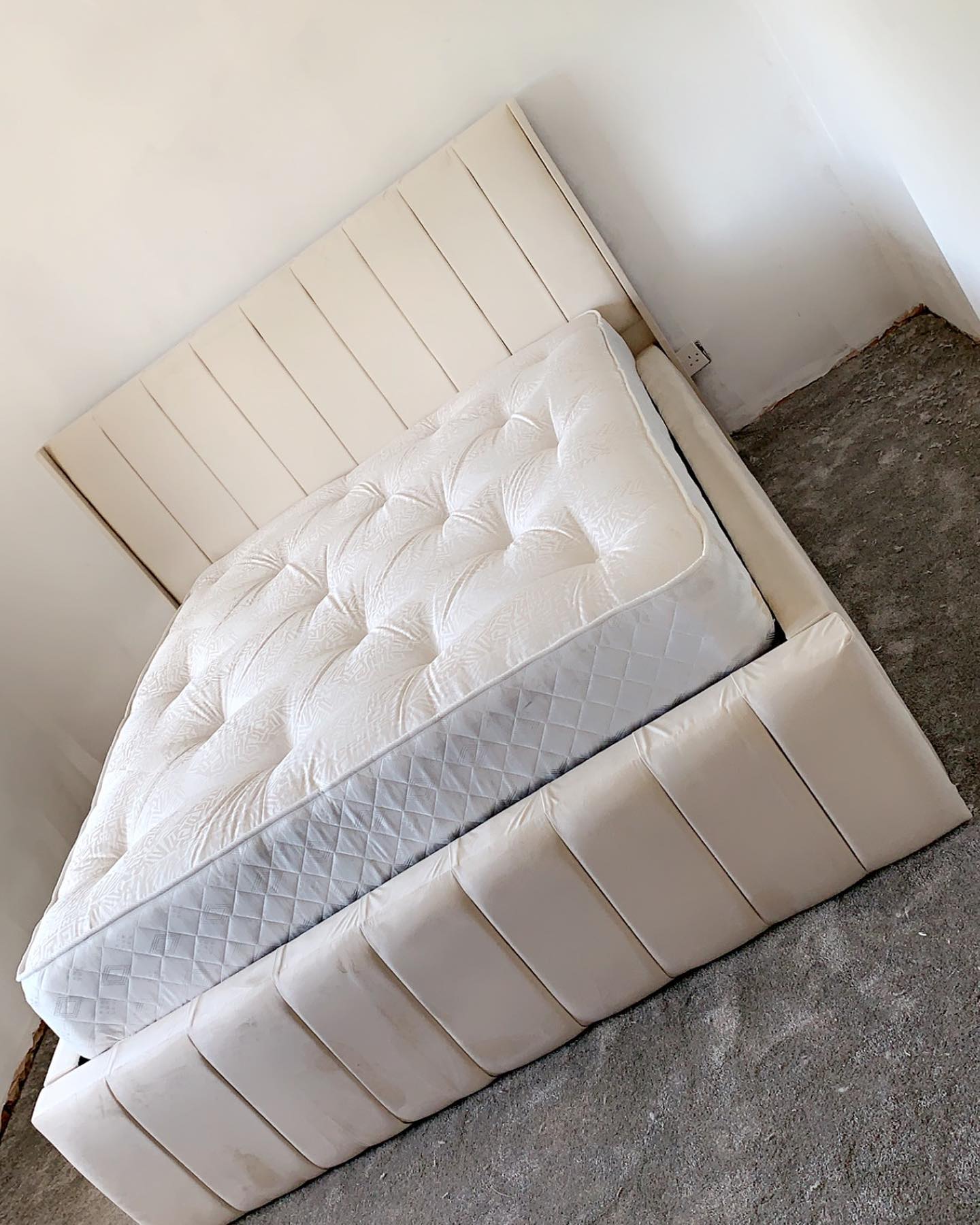 Stylish Upholstered Bed in Cream Fabric – Vertical Panel Headboard & Footboard