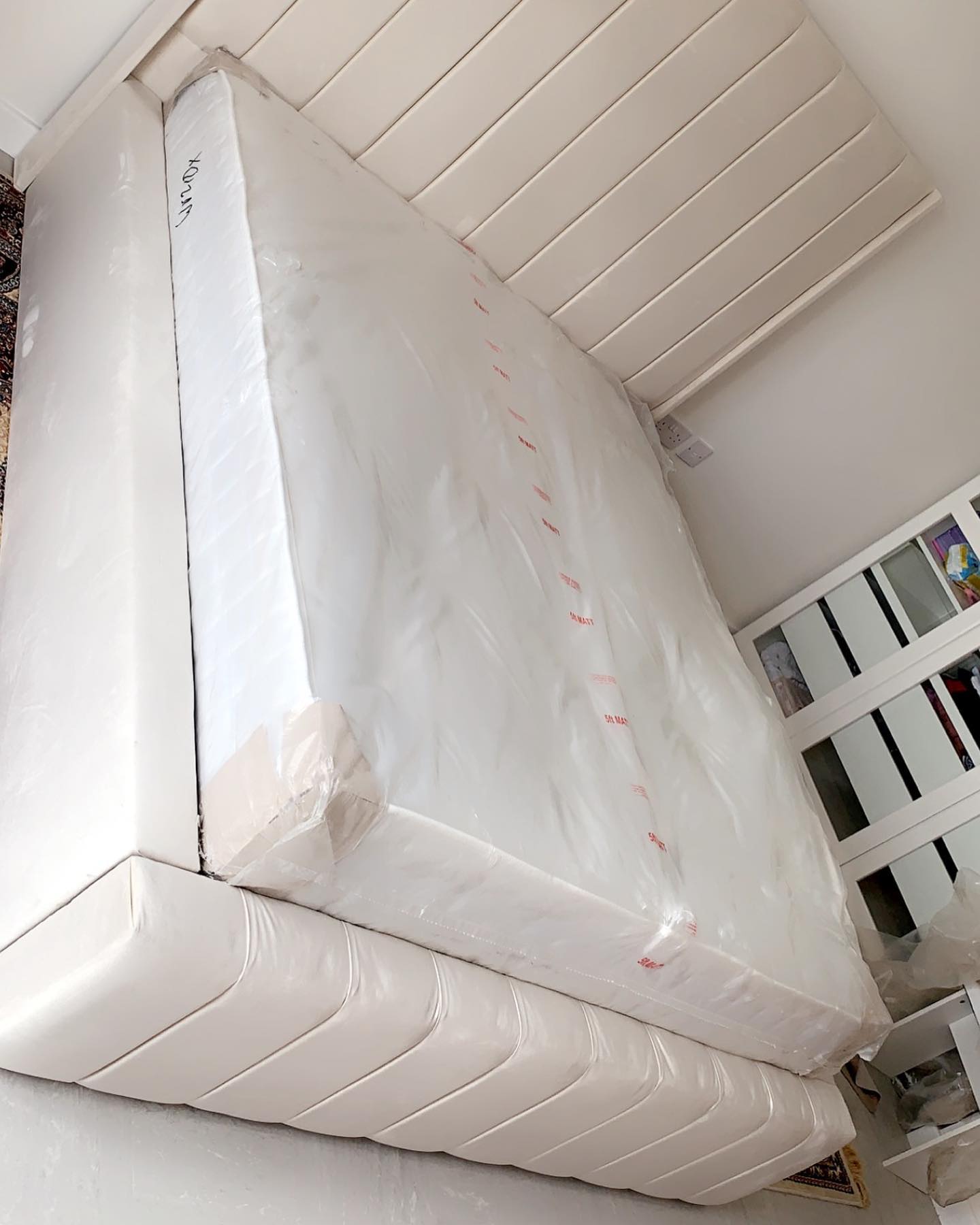 Stylish Upholstered Bed in Cream Fabric – Vertical Panel Headboard & Footboard