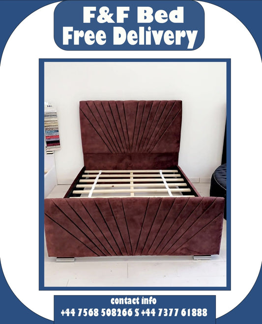 Contemporary Velvet Bed Frame with Radiating Stitch Detail – Premium Burgundy Finish