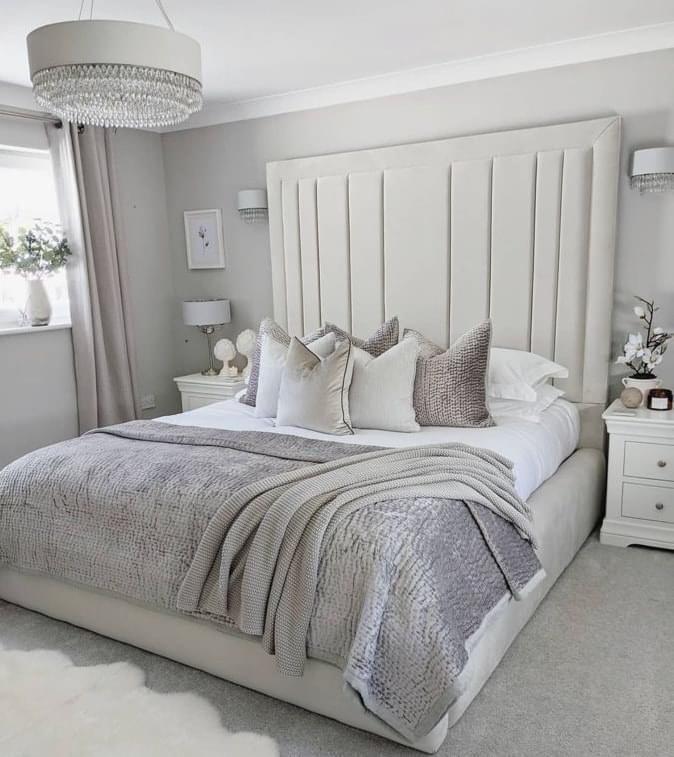 Elegant Velvet Bed with High Headboard & Matching Base – Neutral Tone for Modern Interiors