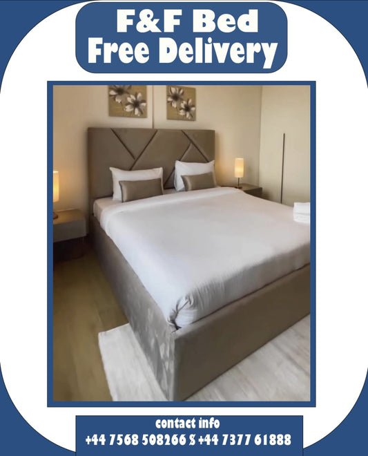 Contemporary Velvet Bed with High Headboard & Clean Lines – Premium Upholstery • 	Luxury Upholstered Bed in Neutral Fabric – Geometric Panel Design & Sturdy Base