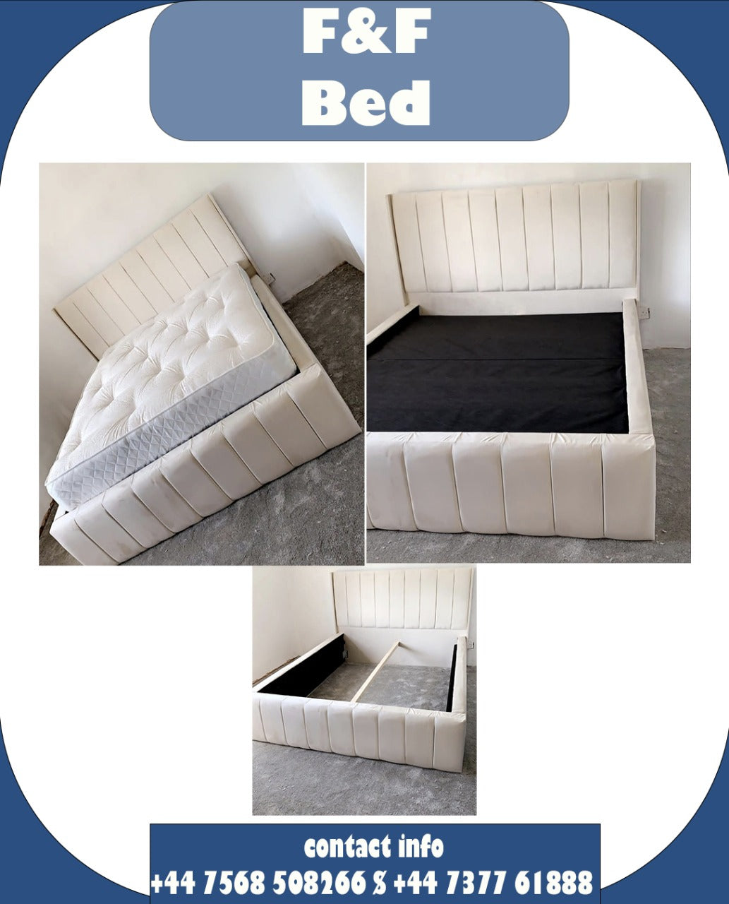 Stylish Upholstered Bed in Cream Fabric – Vertical Panel Headboard & Footboard