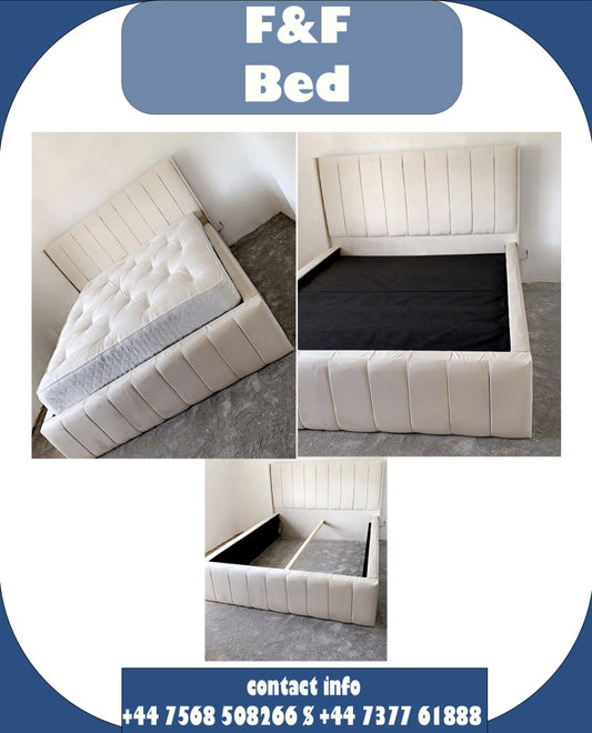 Stylish Upholstered Bed in Cream Fabric – Vertical Panel Headboard & Footboard