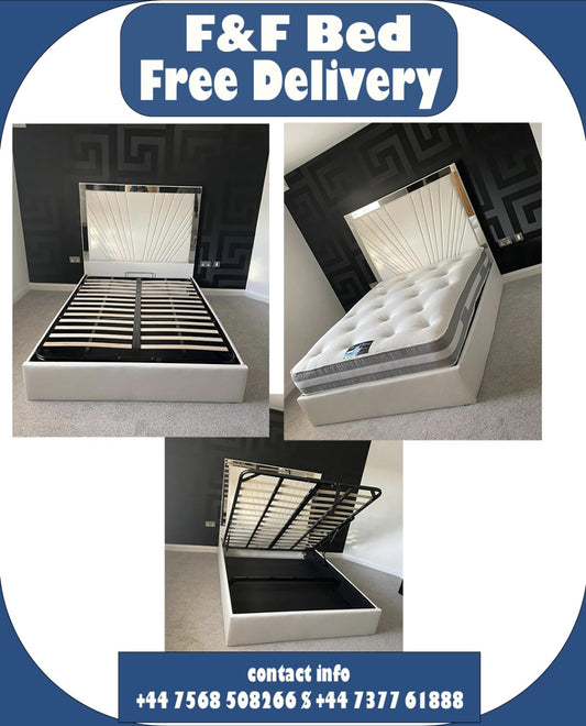 Luxury Bed Frame with Fan-Stitched Headboard & Mirror Panels – Elegant Light Upholstery