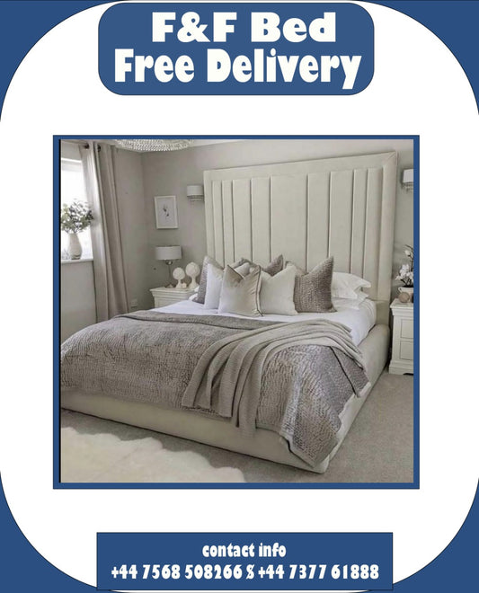 Elegant Velvet Bed with High Headboard & Matching Base – Neutral Tone for Modern Interiors