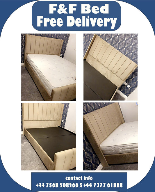 Luxury Upholstered Bed in Neutral Fabric – Vertical Channel Stitching & Sturdy Base