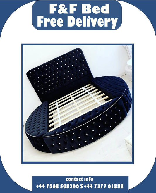 Modern Round Bed with Crystal Studded Tufting – Velvet Upholstery & Statement Style