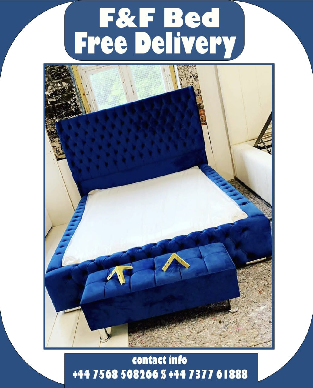 Paris Blue Velvet Queen Storage Platform Bed / New
