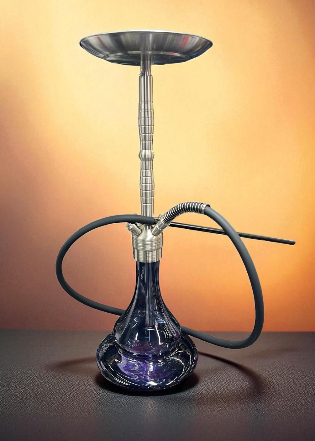 Modern Luxury Hookah – Sleek Metallic Stem with Glass Base & Smoke Tray" 	"Premium Glass Hookah  Elegant Design with Visible Smoke Flow"
